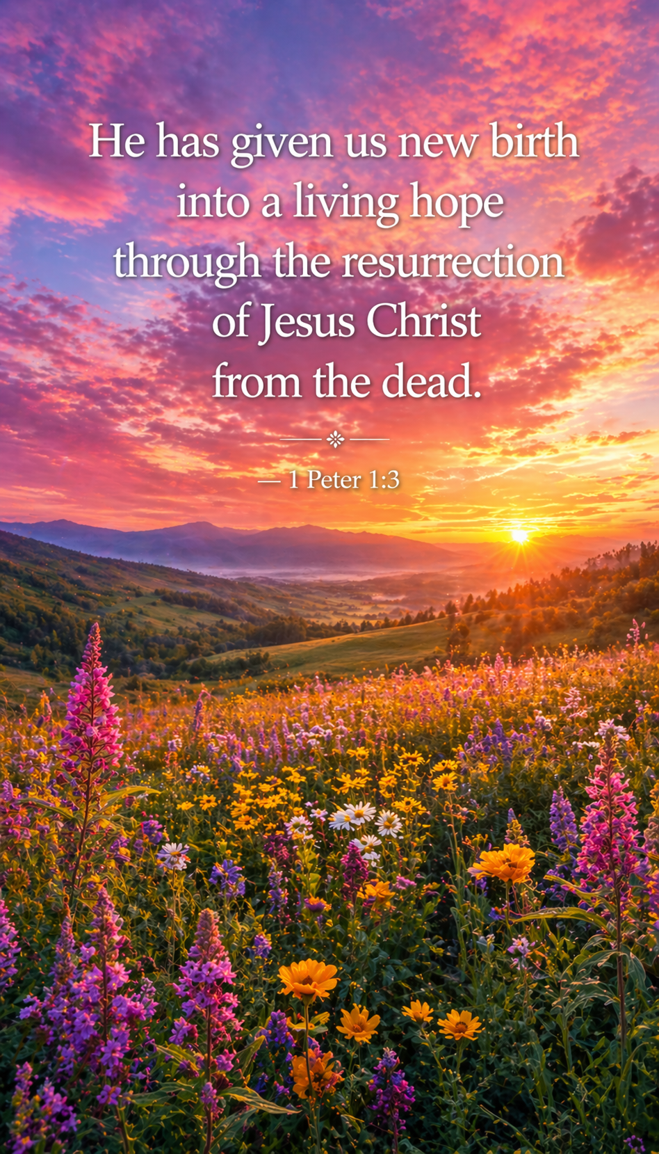 Sweeping meadow filled with spring wildflowers under dramatic sunrise sky deep pink gold lavender -- 1 Peter 1:3 living hope vertical wallpaper